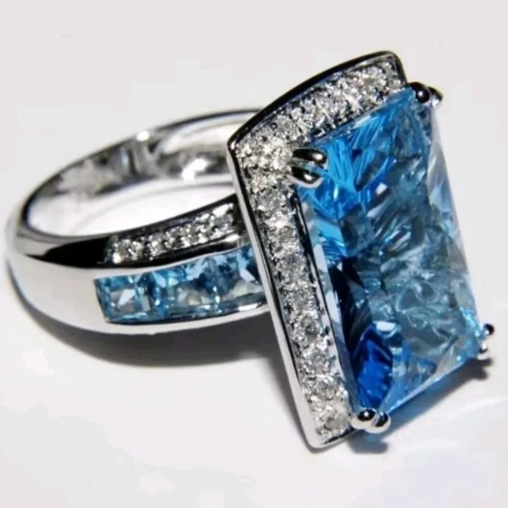 12 TCW Swiss Blue topaz & White Sapphire Luxurious 925 Silver Statement Ring Sz9
